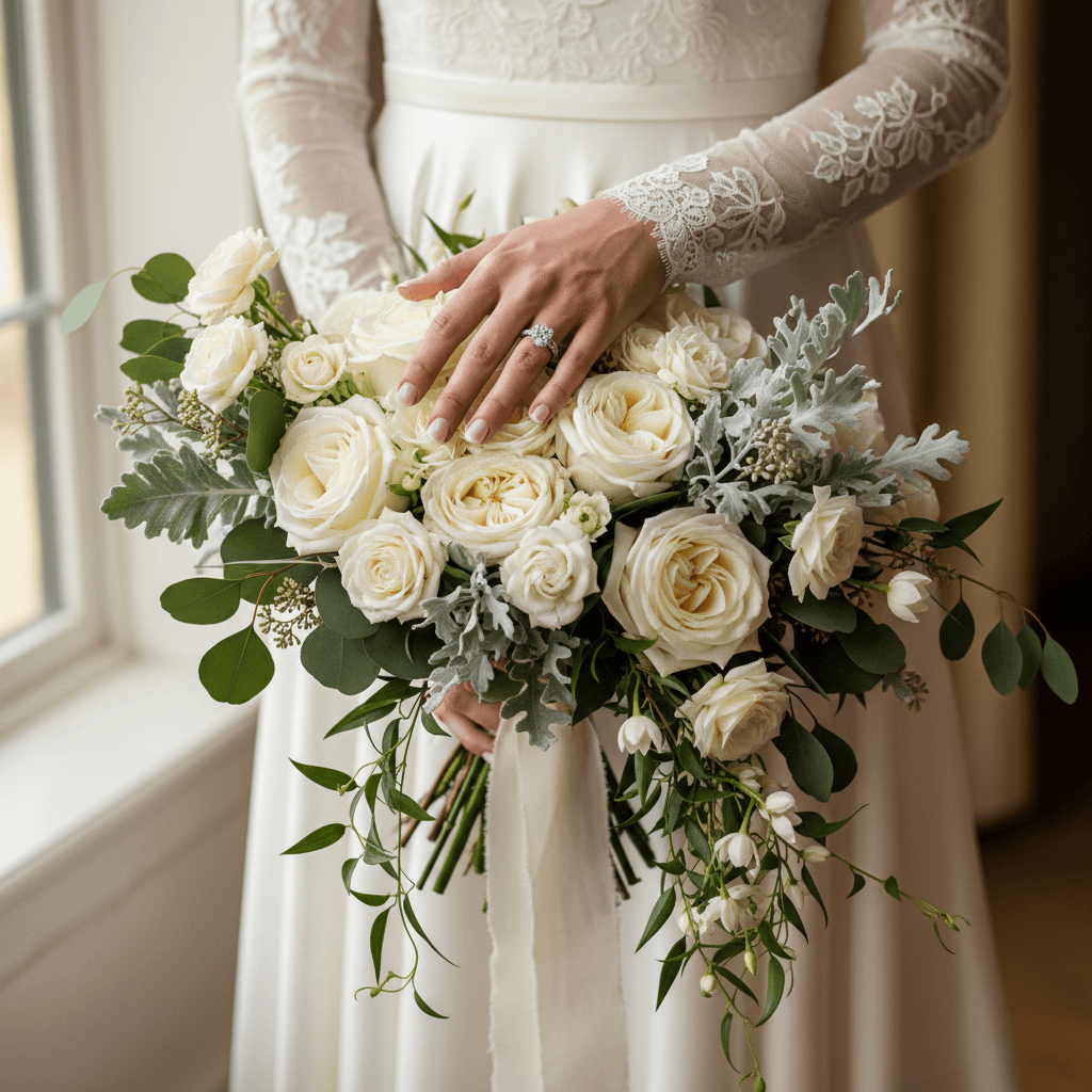 Cão elegantemente preparado para cerimónia de casamento com noivos ao fundo
