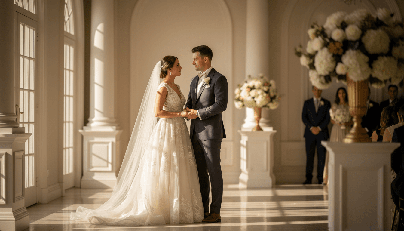 Cão feliz com os noivos durante sessão de retratos formais