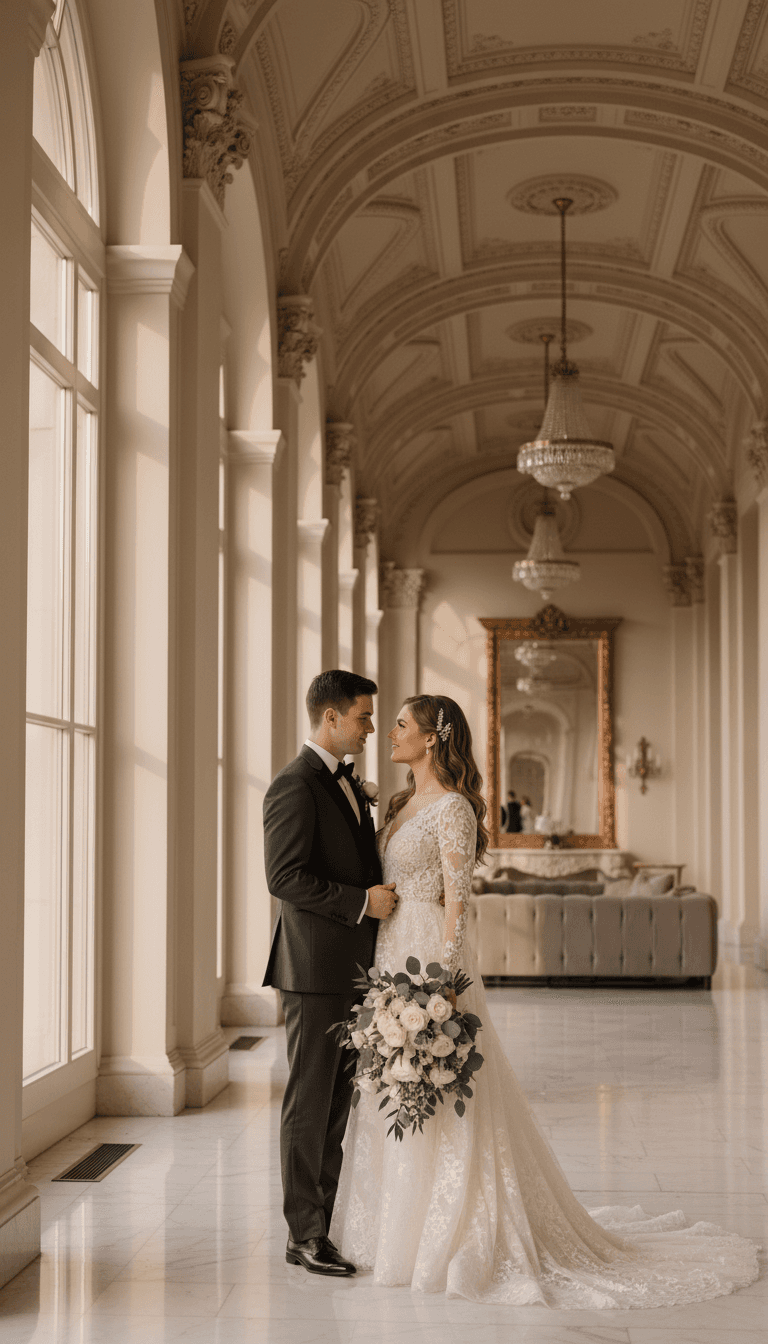Cão elegantemente vestido participando de cerimônia de casamento ao lado dos noivos